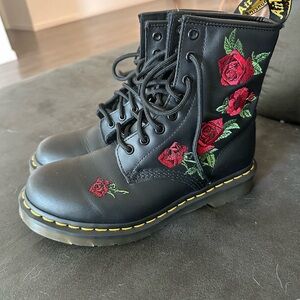 Dr. Martens Black and Red Combat Boots with Floral Embroidery